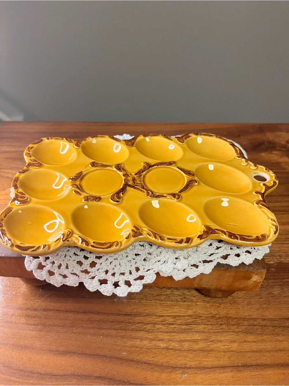Glazed Yellow Ceramic Deviled Egg Tray with Brown Accents